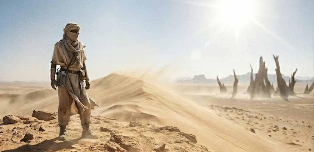 The Desert Side: scorched dunes under a huge red dwarf sun that never sets.