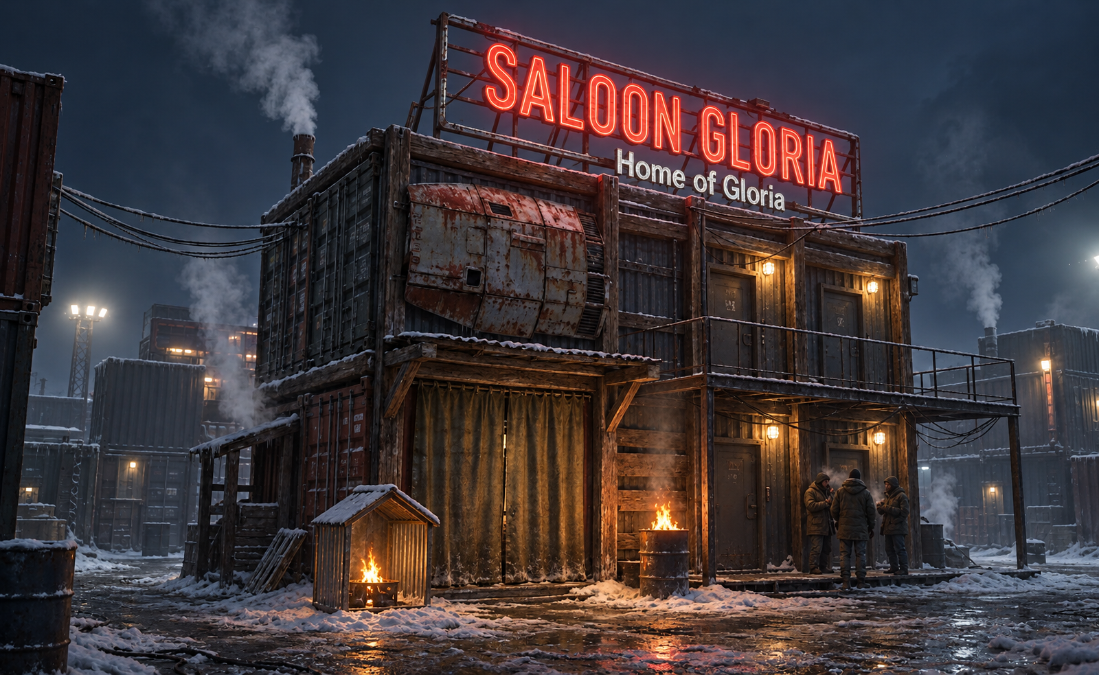 Firetown at night: lantern-lit basalt streets under the red glow of the Burning Wall.